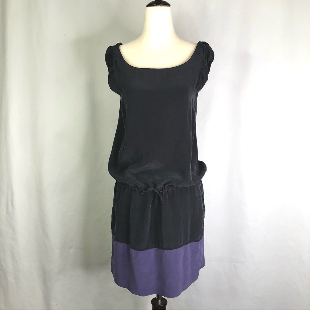 Quiksilver 100% silk colorblock dress grey-black purple drop waist drawstring XS